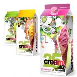 CREAM! The new line of vibrator packaging featuring the product in a playful milk/cream carton. YUM!