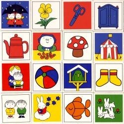 Dick Bruna Memory Game cards from 1981. Blast of colour and beautiful illustrations - even Miffy makes an appearance.