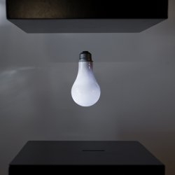 This is an electromagnetically levitated lightbulb that is wirelessly powered.  This piece will be shown at Sonar in Barcelona, June 14-16 created by Jeff Lieberman.