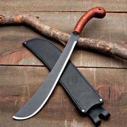 Garrett Wade Personal Machete - 14" long high carbon steel, full tang blade (¼" thick) with heavy tip and bulbous Rosewood grips with ¼" brass pins. Love the shape!