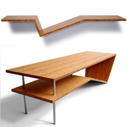 Gorgeous plyboo furniture from Modern Slant. I especially love the Wall Slant shelf shown here. 