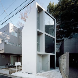 Schemata Architecture Office's 63.02° House, built in a dense residential area in Nakano, Tokyo. The house is sited 63.02 degrees towards the front road, allowing a wide and deep view of the neighborhood. 