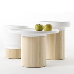Wood tables with ceramic tops by Hanna Ehlers.