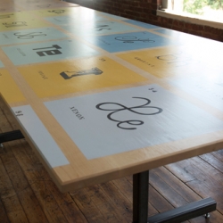 A periodic "table of the elements" custom built by Jackson Morley and painted by Josie Morway for Thames and Kosmos, a science-based educational toy company.