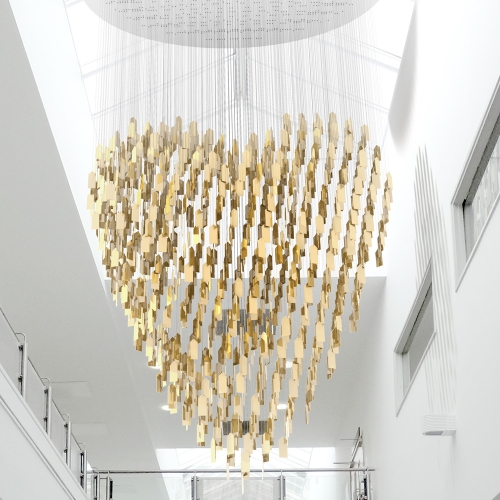 One Thousand Thank Yous is a hanging installation made from 1000 gold anodized aluminium gift tags. Each tag is engraved with a message from an organ donation recipient to their donor. It will be installed in the atrium of Gloucestershire Hospital.