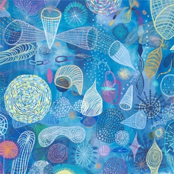Blue Water, by Sarajo Frieden - a print inspired by phytoplankton, and all of the beauty and wonder that goes unseen in the ocean. This piece is an attempt to paint an imaginary slice of the sea.