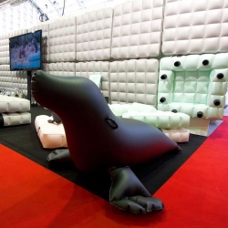 Pigro Felice's inflatable seals (both large and small) grabbed our attention at 100% Design London. Great branding, fun name (means lazy happy!), and their Modul'Air modular pool/lounge furniture is enticing.