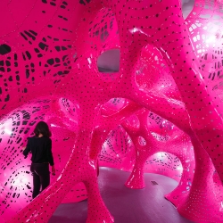 By MARC FORNES / THEVERYMANY, in collaboration with sound artist Jana Winderen. The highly curved continuous surface and stress pattern are used as membrane to propagate sounds. Storefront for Art and Architecture NYC.