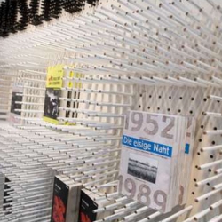Bookshelf that is made from 15,000 pencils by Johannes Albert for Mittledeutscher Velrag publishing company.
