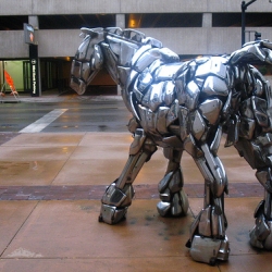 More animal sculptures crafted from unusual materials; artist John Kearney creates sculptures using chrome bumpers.