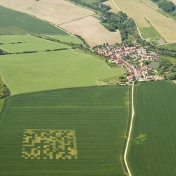 A semacode of "Hello, world!" mowed into a field for Google Earth!