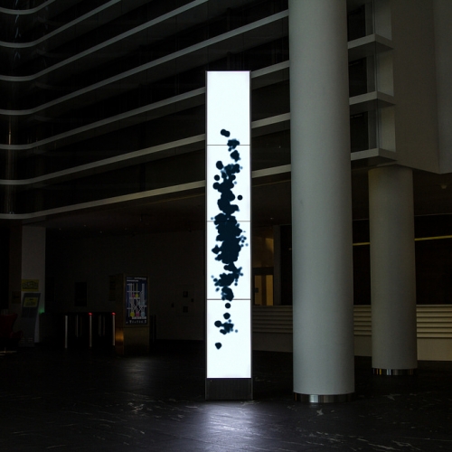 Monolith by Process Studio - This 4.10 meters tall interactive installation is visualizing the current energy consumed by newly-built skyscraper in Vienna into generative artwork.