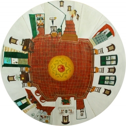 Rosa Maria Unda Souki won an award at Montrouge for her oil paintings on linen depicting the house of Spanish poet Federico García Lorca. This one is titled "Federico's Kitchen" (2010).