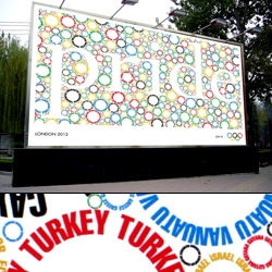 For the 2012 London Olympics, Jen Lamb, working with True North, created these typographically driven single-word billboards made up of tiny rings made of the names of the countries involved!
