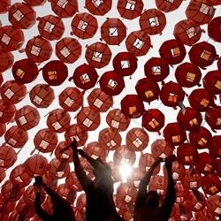 Beautiful picture of Buddhists hanging pieces of paper containing prayer wishes on lanterns during a prayer meeting celebrating the birth of Lord Buddha on May 12, 2008