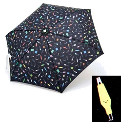 From Japanese design group Kuralab, an ordinary looking black folding umbrella, decorated with cute, smiley-faced cartoon transistors and diodes.
