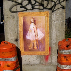 New graffiti on New York's East Houston Street mocks Degas and other masters, while paying tribute to them, too.  But who's been making them?