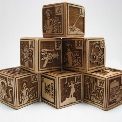 Xylocopa's Young Mad Scientist's First Alphabet Blocks come in packs of 5 blocks (covers all 26 letters), each engraved with an illustration depicting a different mad scientific discipline.