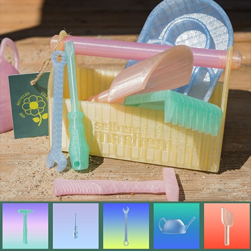 Enable 3D's Print & Play Construction Company - a cute collection of free 3D print files for kids, from tool box to tools to watering can and sand mold.