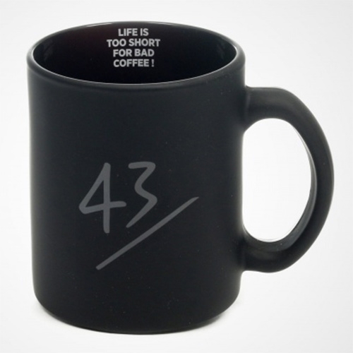 43einhalb Sneaker Store "Life is too short for bad coffee!" mug. Black gloss 43 logo on matte black mug.