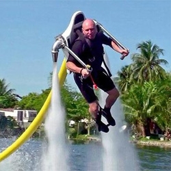 Jetlev Flyer is an innovative personal flying machine powered by two jet streams of water.