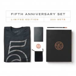 Limited Edition Ugmonk 5th Anniversary Set. Includes custom tee, individually numbered copper metal coin, pencil and sketchbook all packaged in a custom black box with foil anniversary seal. Only 200 sets ever made.