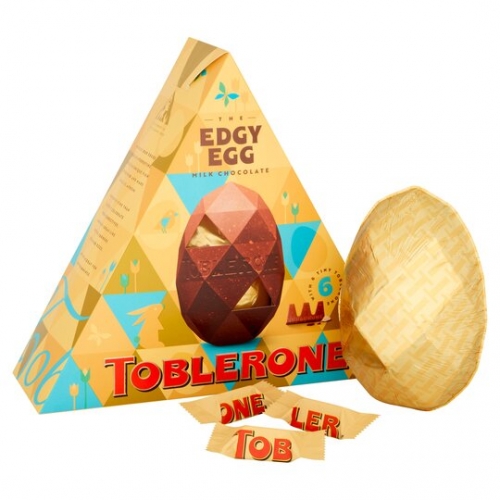 Toblerone Edgy Egg = Toblerone gets faceted for easter! "Hollow milk chocolate egg with a honey and almond nougat with" 6 Toblerone tiny.