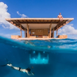 Manta Underwater Room - A floating hotel off the coast of Tanzania's Pemba Island lets you get up close and personal with aquatic life without having to leave the comfort of your bedroom.