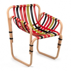 Filos by italian designer Alessandro Zambelli is a small armchair made of beech wood and colorful leather.