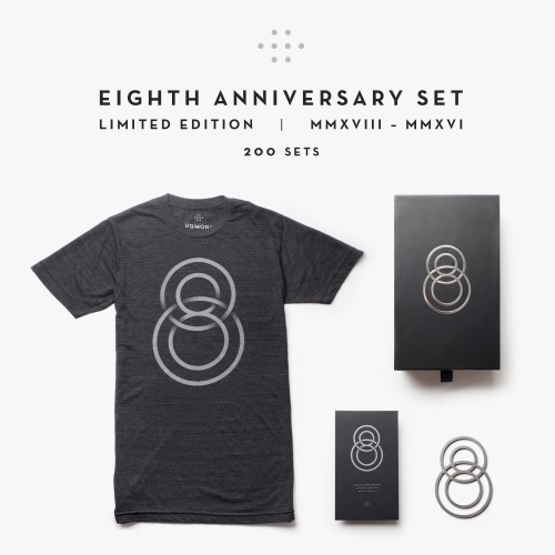 To celebrate 8 years, Ugmonk created this special 8th Anniversary Set which includes a special tshirt, laser-cut metal coaster, slide-out box, and letterpressed card. Only 200 ever made.