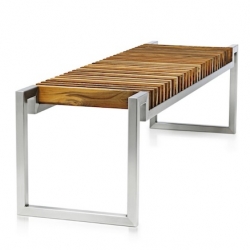 "Hover Eco bench" by danish designer Kristoffer Kjær. A bench made of vertically positioned teak lamellae on a steel structure. Elegant and different.