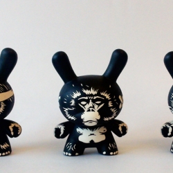 Featured on Kidrobot's KRonikle online magazine- three wise monkeys (I know, two are apes…) on three 3″ Dunnys. I wanted there to be some variation in the primates, so they’re all different species: Chimpanzee, a Barbary ape and a Japanese Macaque.