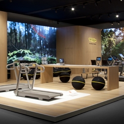 Technogym Booth at Salone del Mobile 2015. BBMDS designed huge LED surfaces that brought a range of natural scenarios to life creating a dream like scenographic setting for Technogym products.