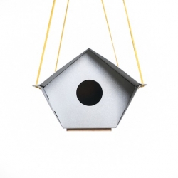 A simple, stylish take on the birdhouse, constructed of lightweight aluminum and powder coated for durability. This house comes in two parts, allowing for easy cleaning and is held together by the same leather string that it is hung from.