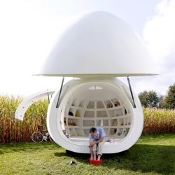 This crazy modern egg-shaped mobile office pod has a kitchen, a bathroom, interior lighting, and several storage places! Designed and built by Belgian architecture firm, dvmA for xfactoragencies.
