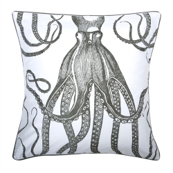 Beautiful hand screen-printed pillow with an image of an octopus in neutral colors, by thomaspaul.