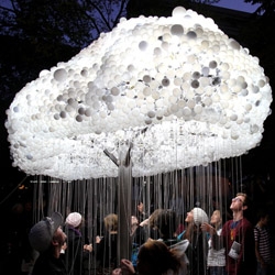 Fabulous large-scale light sculpture, 'Cloud' by Caitlind Brown made from over 5,000 repurposed light bulbs and pull strings allowing viewers to interact.