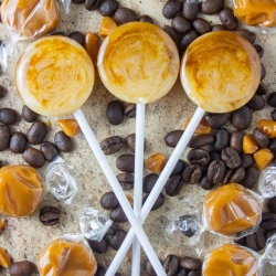 Holly's Lollies Caramel Latte Lollipops made with freshly ground coffee.