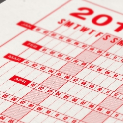 2011 // Linear Month Calendar Print. A brand-new style of calendar that shows each month as a complete line organized on weekly columns. Limited run of letterpress prints available in red, black, & blue.