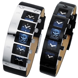 Fun multi-timezone watches from Diesel ~ The silver one has engravings for JFK, LAX, LHR, CDG, and NAA airport codes... 