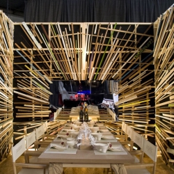 NYSID students, Isis Delomez, Brooke Lichtenstein, Whitney Vlasaty, and Yiannos Vrousgos, participate in the annual fundraiser using interior design, architecture, fashion, art, to create a dining environment  in Pier 94, New York.