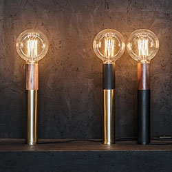 ed030 table lamp with metal and wood structure, brass or paint finish. Designed by Edizioni Design