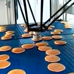 Flex picker ~ This automated industrial robotic pancake picker is amazing! Watching it arrange pancakes on an assembly line is mesmerizing.