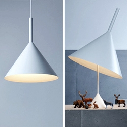 'Funnel' lamp series by Slovenia's Bevk Perovic Arhitekti for Vertigo Bird. The series include a table, floor and pendent lamp, each with a shade shaped like a kitchen funnel.