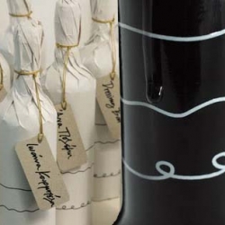 Beautiful wine packaging by Chris Trivizas with a playful touch: a drop of wine run alongside the bottle's neck towards the three parallel lines. The line near which the drop will stop, is the one that fortells your future. 