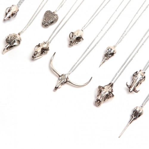Fire & Bone natural history jewelry - animal skull pendants, earrings, and cufflinks made from 3D scans of real skull specimens, 3D printed in high detail, and cast in bronze and silver using lost wax casting.