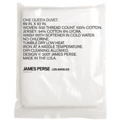 James Perse's linens are AMAZING in person ~ The duvet and pillows are : One side cotton woven: 500 thread count. Other side soft, breathable cotton jersey with slight stretch. 