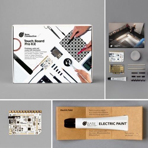 The Bare Conductive Touch Board Pro Kit includes all you need to make everything from interactive wallpaper, innovative musical instruments to talking murals with the Touch Board and Electric Paint. 