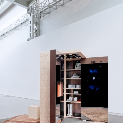 SupreMe by Vudafieri Saverino Partners for Saporiti Italia, a technological portable wardrobe with an interactive 'meta mirror' based on biometric and gestural recognition to access, and a 360 degree mirror.
