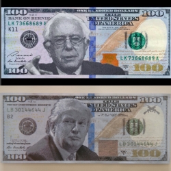Plastic Jesus puts Trump and Bernie Sanders on 100$ bills.